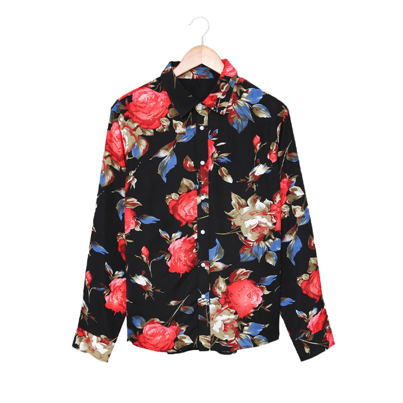 Schwarzes Herren-Langarmhemd mit Blumendruck, Hawaii-Button-Down-Hemd | MC255372-22