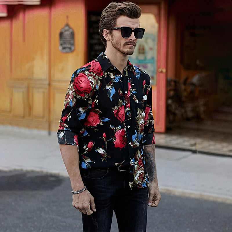 Schwarzes Herren-Langarmhemd mit Blumendruck, Hawaii-Button-Down-Hemd | MC255372-22