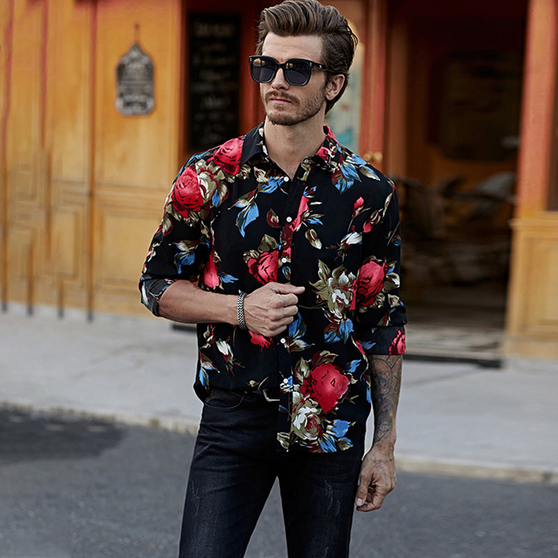 Schwarzes Herren-Langarmhemd mit Blumendruck, Hawaii-Button-Down-Hemd | MC255372-22
