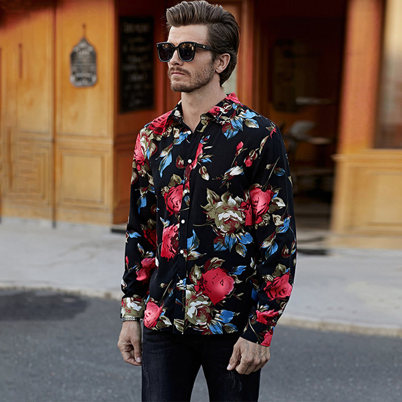 Schwarzes Herren-Langarmhemd mit Blumendruck, Hawaii-Button-Down-Hemd | MC255372-22