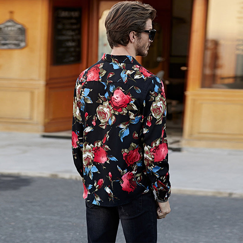 Schwarzes Herren-Langarmhemd mit Blumendruck, Hawaii-Button-Down-Hemd | MC255372-22