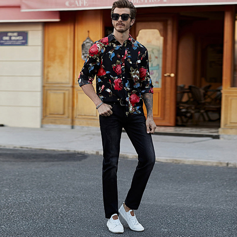 Schwarzes Herren-Langarmhemd mit Blumendruck, Hawaii-Button-Down-Hemd | MC255372-22