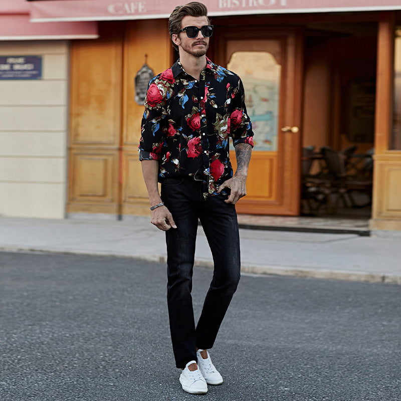 Schwarzes Herren-Langarmhemd mit Blumendruck, Hawaii-Button-Down-Hemd | MC255372-22
