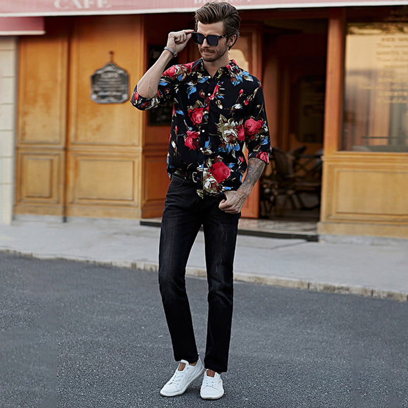Schwarzes Herren-Langarmhemd mit Blumendruck, Hawaii-Button-Down-Hemd | MC255372-22