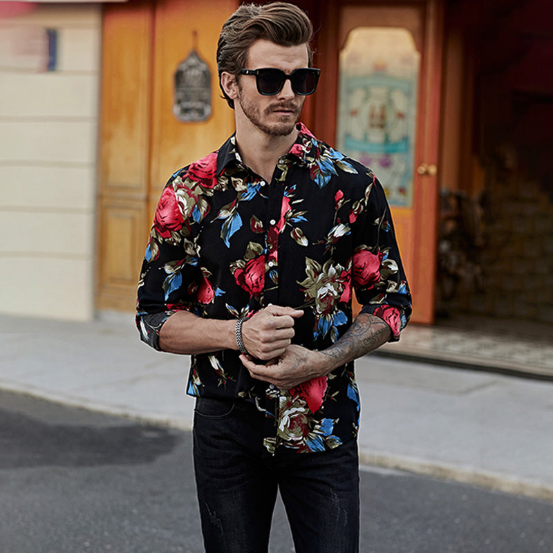 Schwarzes Herren-Langarmhemd mit Blumendruck, Hawaii-Button-Down-Hemd | MC255372-22