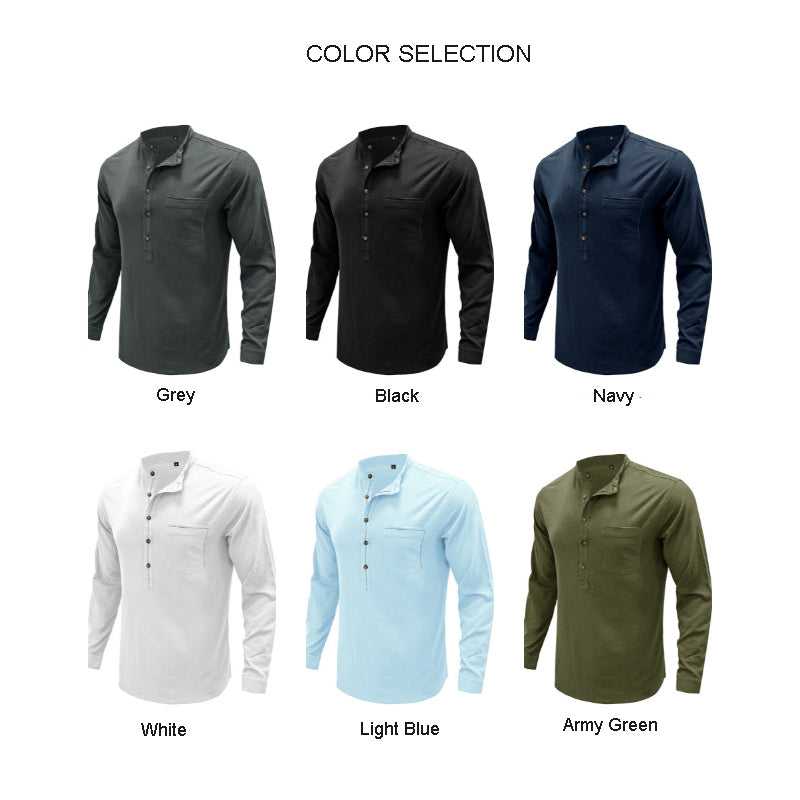 Herren Freizeitbluse Flex Henley Langarm-T-Shirts mit Tasche Lockere Oberteile | 220505