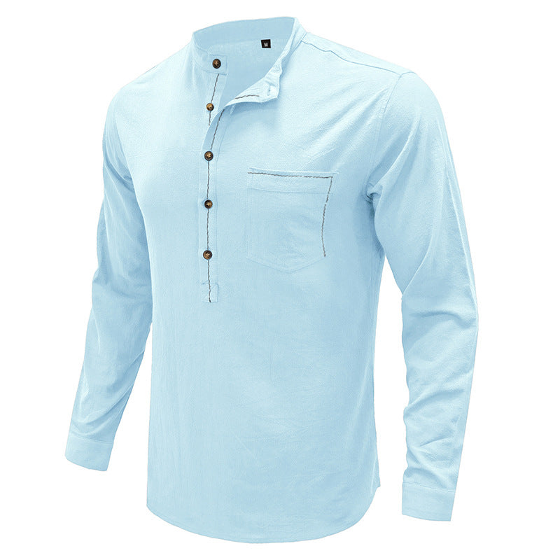 Herren Freizeitbluse Flex Henley Langarm-T-Shirts mit Tasche Lockere Oberteile | 220505