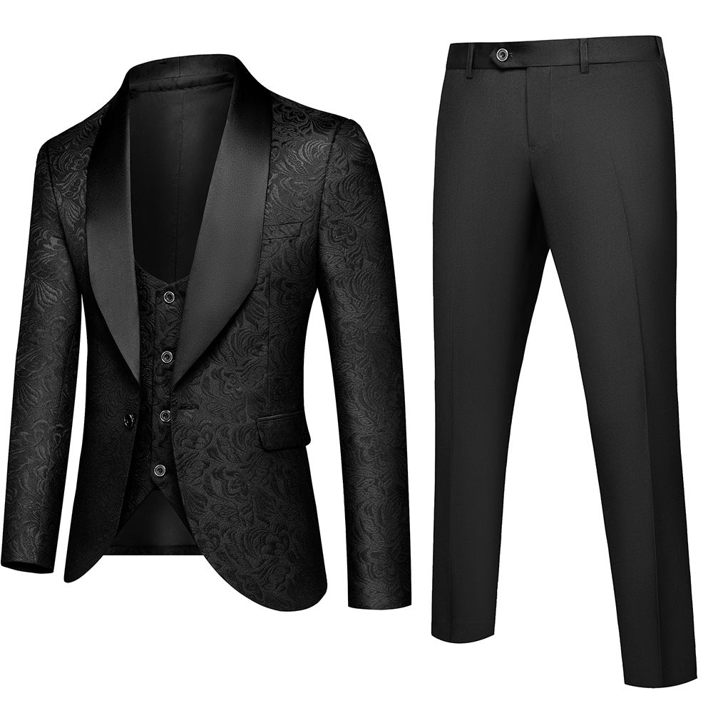 3-teiliger Herrenanzug mit geprägtem Blumenmuster, Slim Fit, Jacquard-Smoking, ein Knopf, Paisley-Muster, Schalkragen | 1931