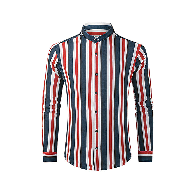Lässiges Herrenhemd aus Baumwolle mit Streifen und langen Ärmeln und Leinengefühl, Stehkragen, Button-Down-Hemd | +MC255371-4019