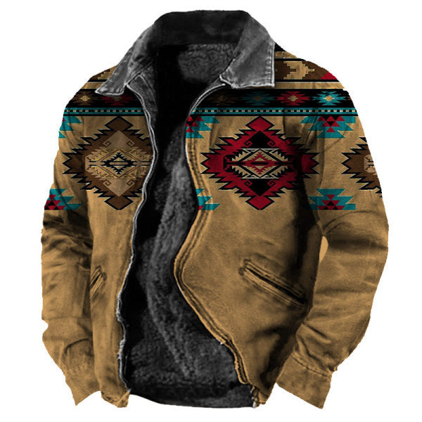 Herren Thermojacke mit Vintage-Ethno-Print, Reißverschlusstasche und Plüschfutter | V6F6