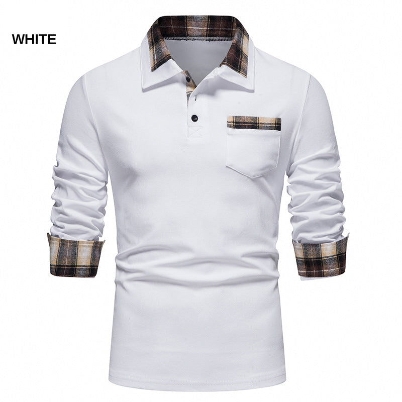 Lässiges Herren-Poloshirt mit Langarm und Karokragen und Taschen | D81