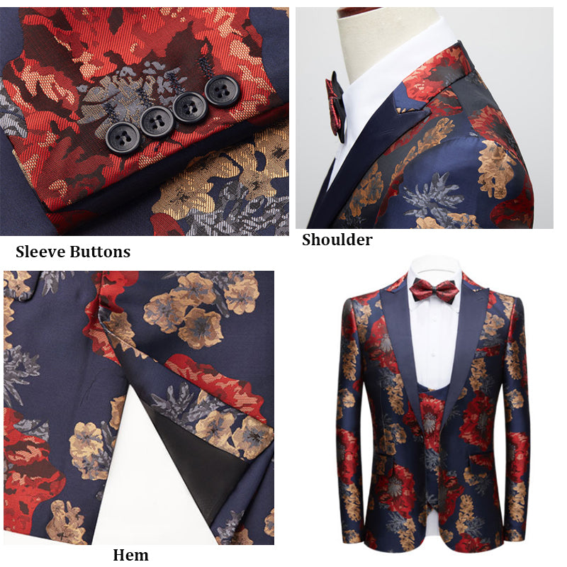 3-teiliger Herrenanzug mit Revers, Blumenmuster, einem Knopf, moderne Smoking-Sets | Y3531-1
