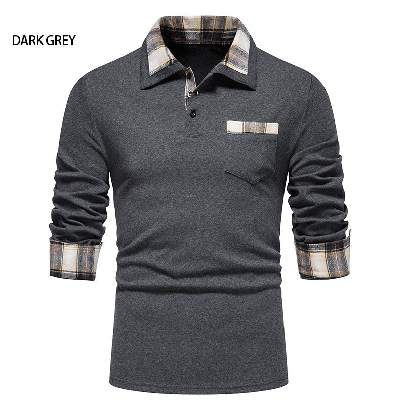 Lässiges Herren-Poloshirt mit Langarm und Karokragen und Taschen | D81