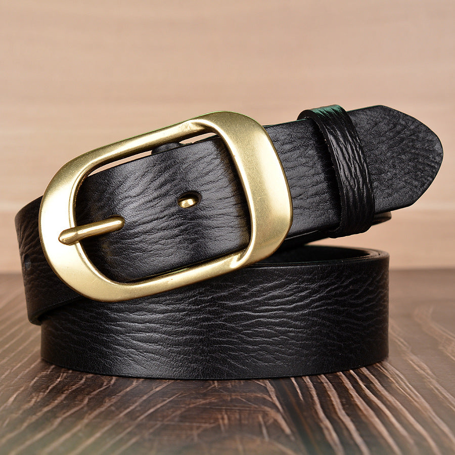 Herren-Gürtel aus genarbtem Rindsleder mit plissierter Schnalle und goldener Schnalle, 38 mm breit | TCZK11