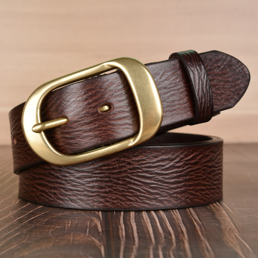 Herren-Gürtel aus genarbtem Rindsleder mit plissierter Schnalle und goldener Schnalle, 38 mm breit | TCZK11