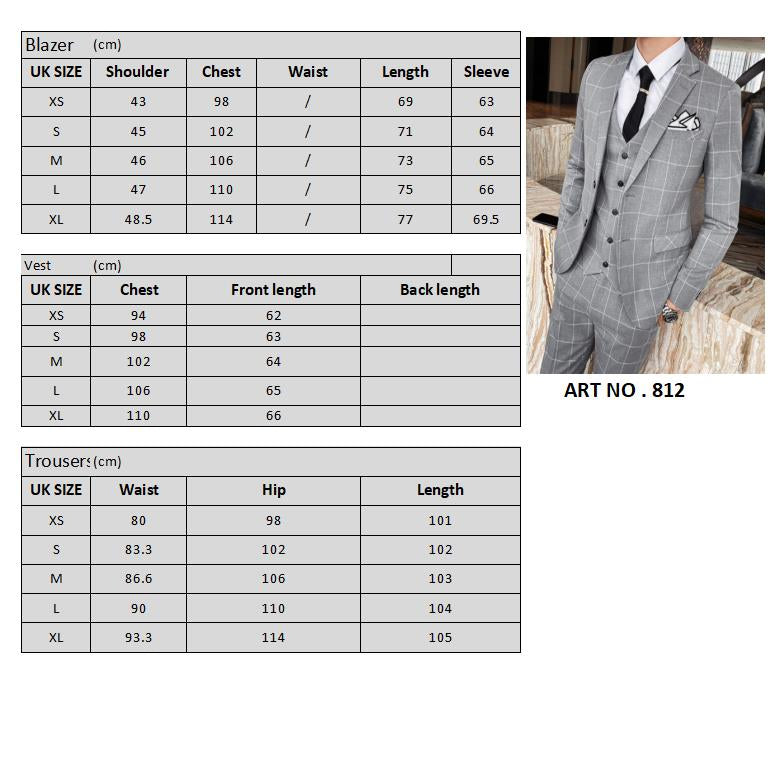 3-teiliger Slim Fit-Anzug für Herren mit Karomuster, formeller Business-Smoking, Blazer + Weste + Hose | 812