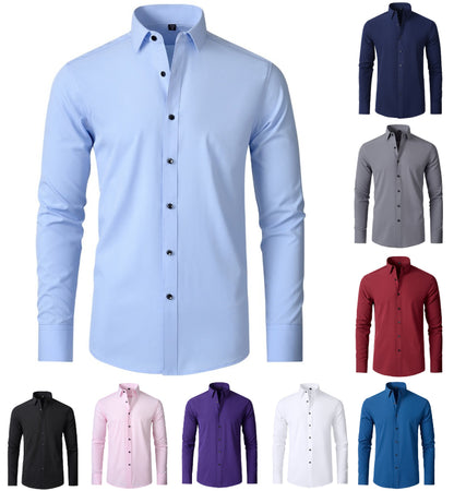 Camicia da uomo elasticizzata casual da lavoro a maniche lunghe, tinta unita, slim, non stirabile, elasticizzata 