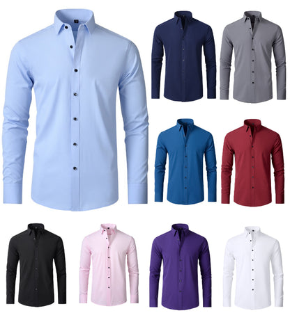 Camicia da uomo elasticizzata casual da lavoro a maniche lunghe, tinta unita, slim, non stirabile, elasticizzata 