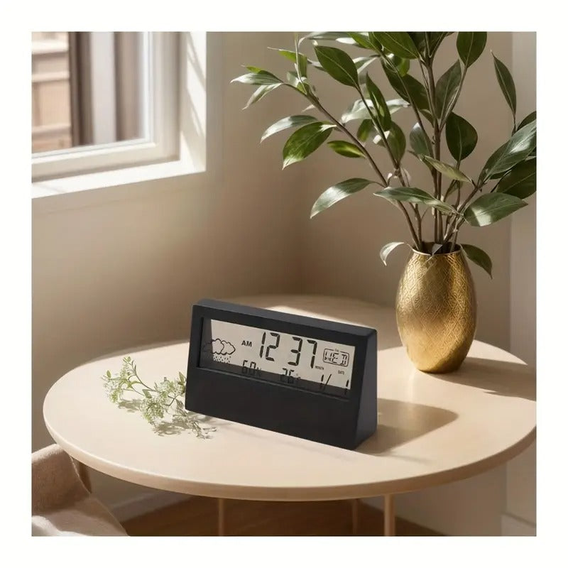 Moderne transparente LED-Digitaluhr – Temperatur und Luftfeuchtigkeit, Wettersymbole, Heim- und Bürodekor | 2158 