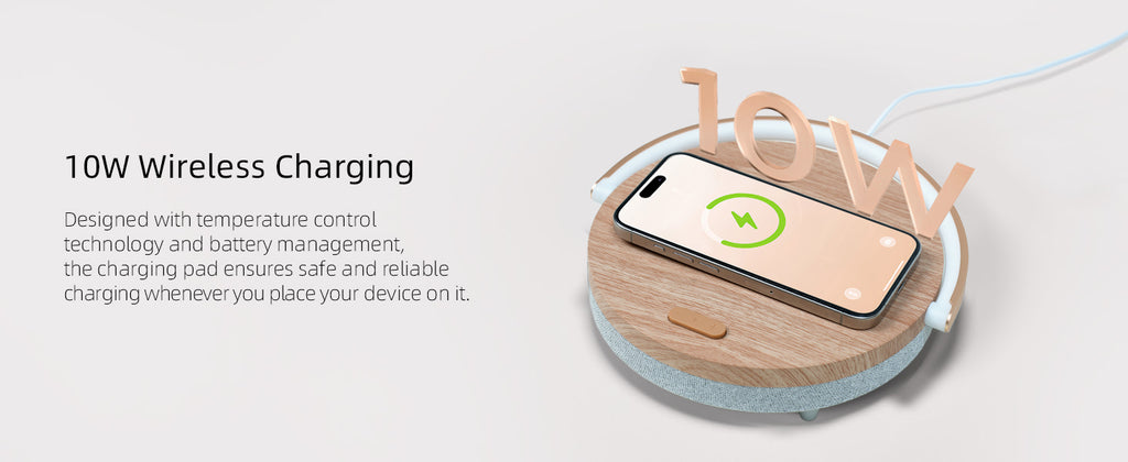 4-in-1-Nachttischlampe mit kabellosem Ladegerät, dimmbarem LED-Bluetooth-Lautsprecher, Telefonhalter und Nachtlicht als Geschenk | Ezvalo 