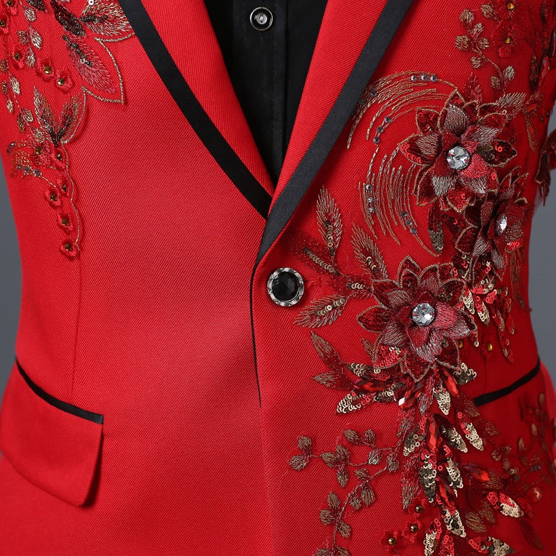 Herrenanzug, 2-teilig, formell, bestickt, elegant, mit blinkenden Pailletten, Kristallen, Blazer, Mantel, Abschlussball, Party, Smoking, Kostüm, Hochzeitsoutfit 