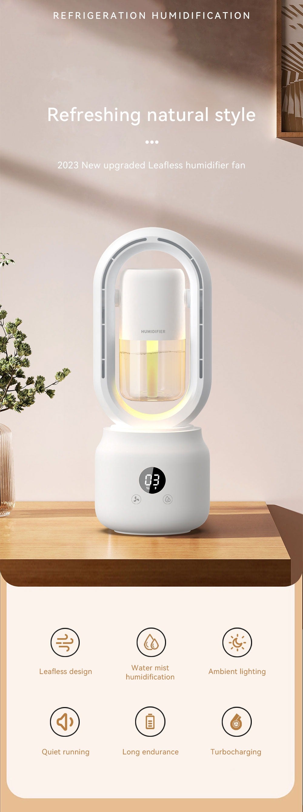 Ventilateur à jet d'eau multifonctionnel sans feuilles, ventilateur vertical d'été à ultrasons, humidificateur de refroidissement | HX87 