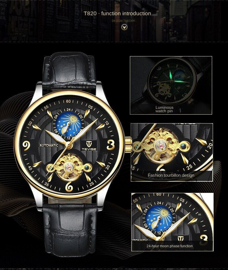 Herren-Automatikuhr aus Leder, mechanisch, Tourbillon, wasserdicht, Freizeituhr | T820b 