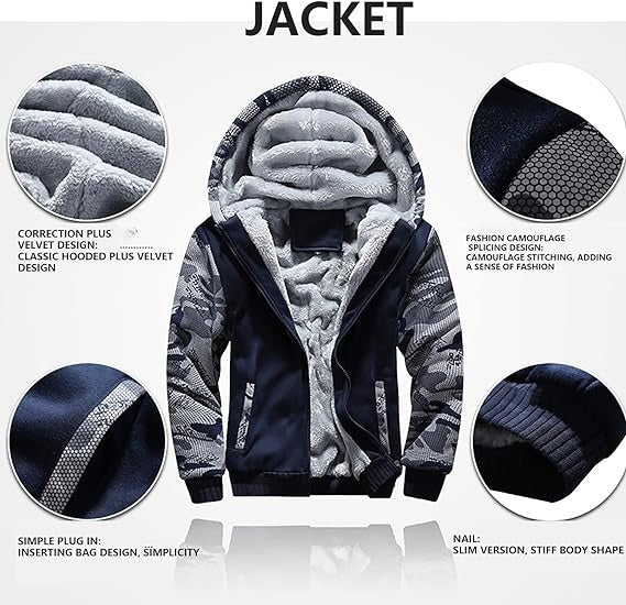 Herren Camouflage Trainingsanzug Reißverschluss Mantel Winter Dicke Fleece Kapuzenjacke + Hose Trainingsanzug 