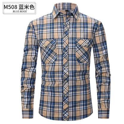 Men Slim Wear Plaid Premium Long Sleeve Double Pocket Flannel Foreign Trade Shirt | M501