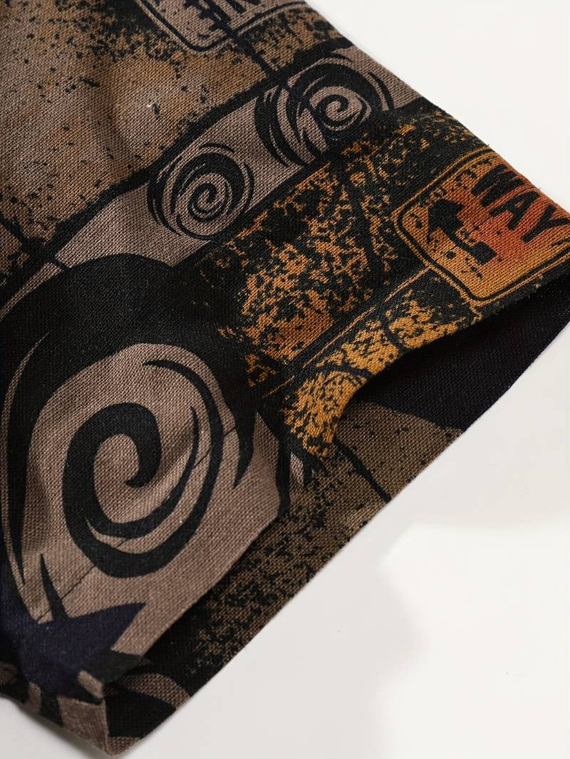 Herren-Hemd mit kurzen Ärmeln und Knopfleiste, Reverskragen, geometrischer Druck, lockere Passform, atmungsaktives, schnell trocknendes Baumwollmischhemd 