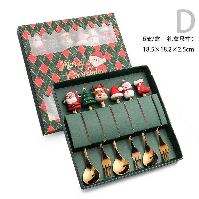 6Pcs Christmas Gifts Style Stainless Steel Doll Dessert Spoon Fork Gift Box Cutlery Set |