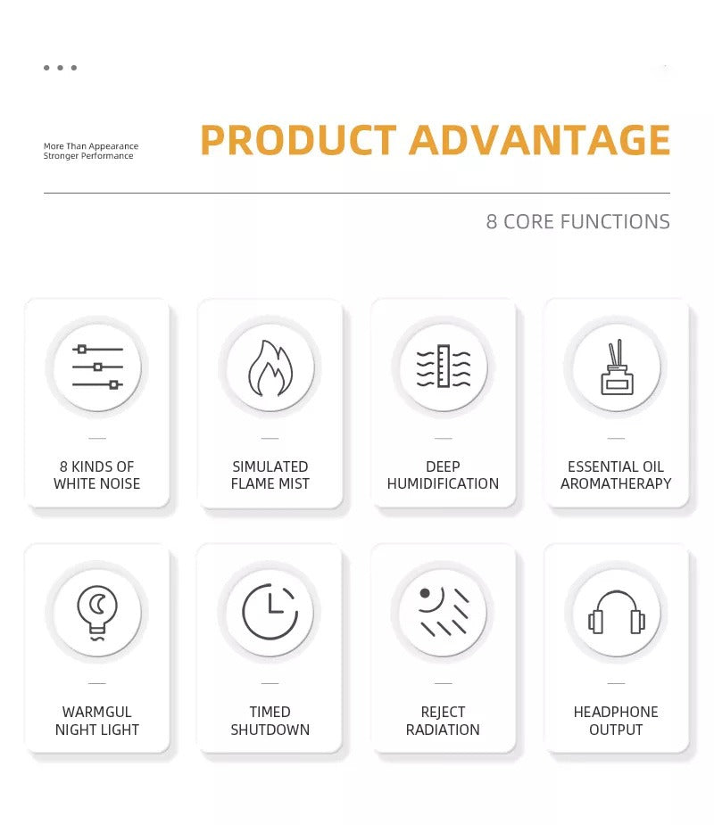 Neues, schickes Design, 200 ml, Babypflege, Schlafsimulation, 3D-Feuerlampe, Flamme, weißes Rauschen, USB-Musik, Diffusor für ätherische Öle | VR-WN03 