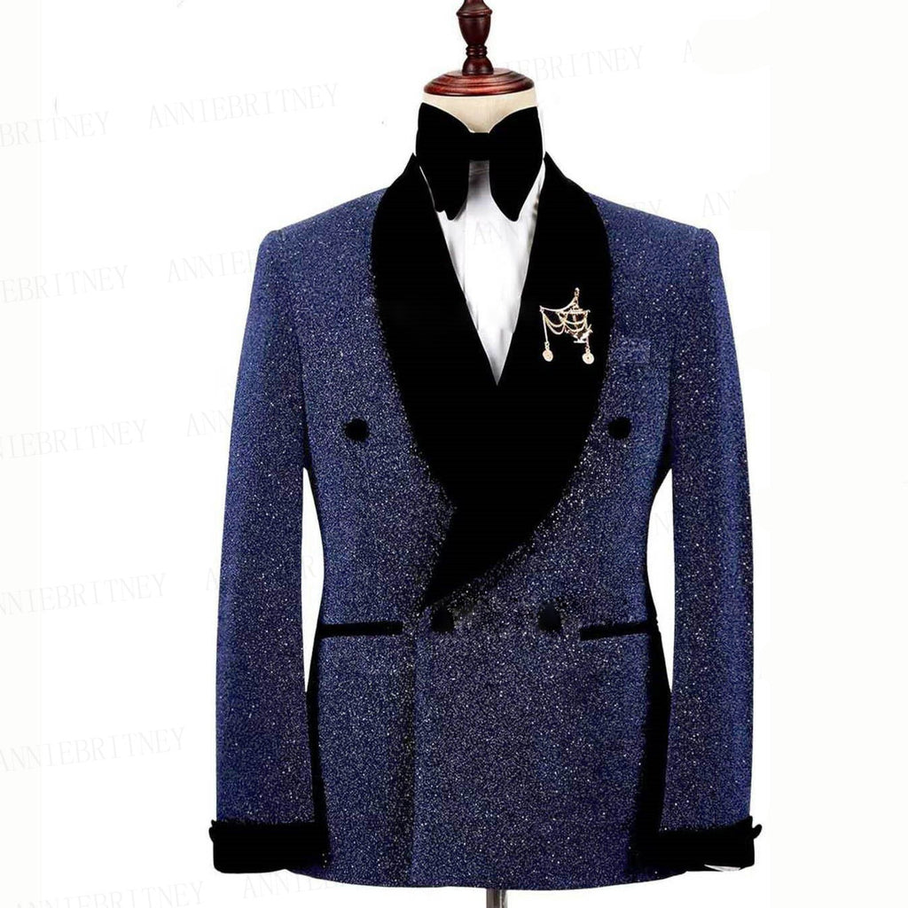 Glänzendes Sakko mit Hosenanzug, 2-teilig, Bräutigam-Smoking, schwarzer flacher Samt, Schalkragen, Hochzeitsanzug, Smoking | LL830 