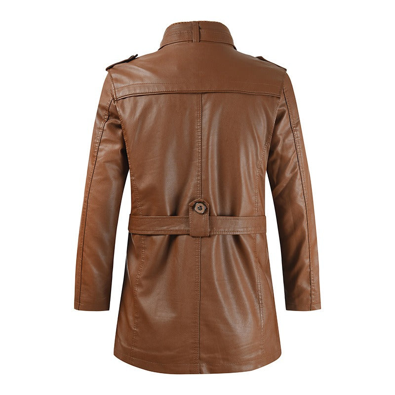 High Quality Casual Pu Leather Jacket Waterproof Thick Stand Collar Zipper Long Coat