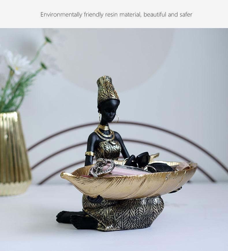 Afrikanischer schwarzer Obstteller, Ornament aus Kunstharz, Heimdekor mit Volkskunstmuster im thailändischen Stil, Schreibtisch-Aufbewahrungsdekoration | RRW040 