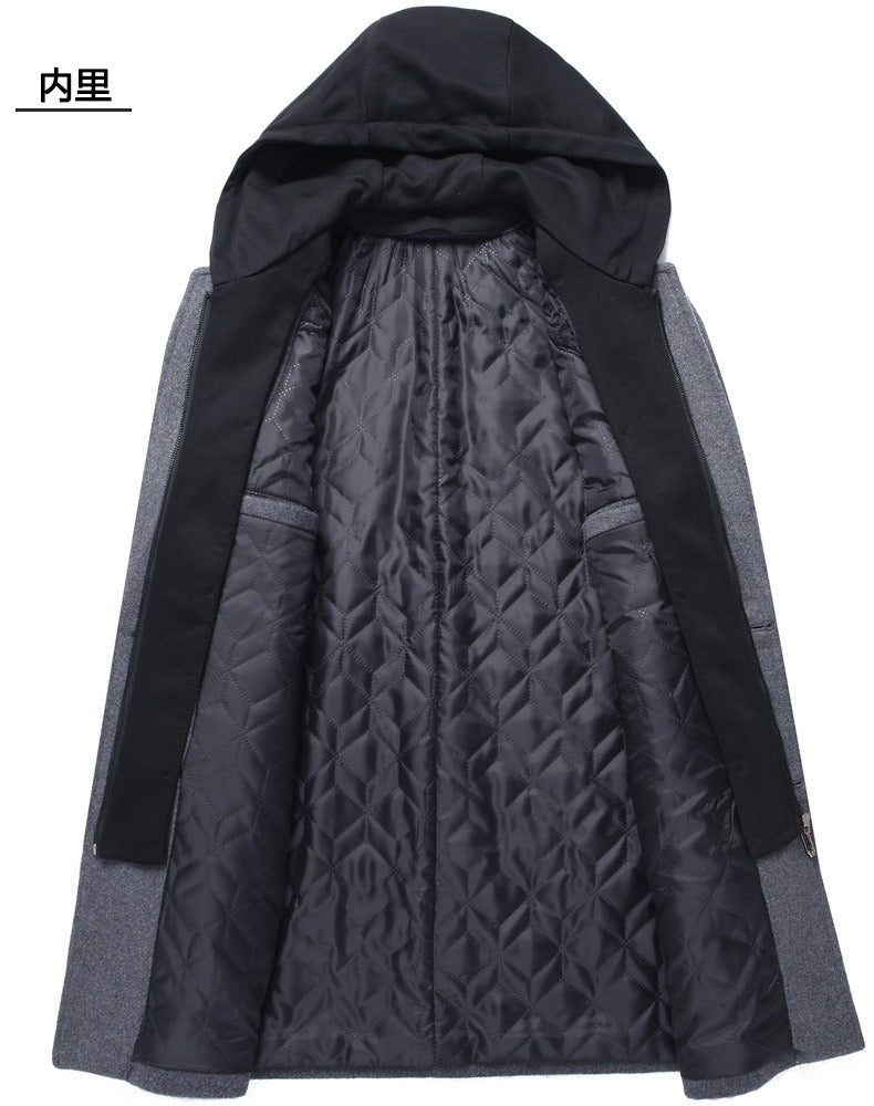 Herren Wolljacke mit abnehmbarer Kapuze, winddicht, mittellanger Mantel, lässiger, dicker Trenchcoat | 1909-3 