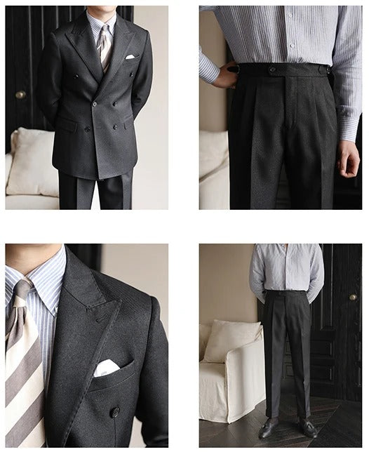 Hochwertiger zweiteiliger Slim Fit Zweireiher Anzug Einfarbig Steigendes Revers Doppelschlitze für Herren | S01 