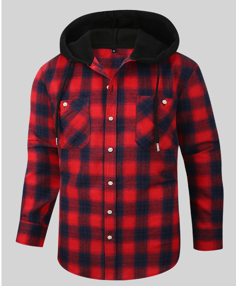 Chic Color Block Men's Plaid Pattern Hooded Long Sleeve Shirt Jacket With Drawstring And Pocket Spring Fall Outwear