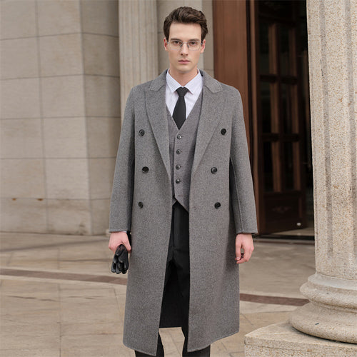 Gents Trench coat Premium Wool-Cotton Blend Peacoat Double-Breasted Mid-Length Overcoat Casual Oversized Lapel Coat