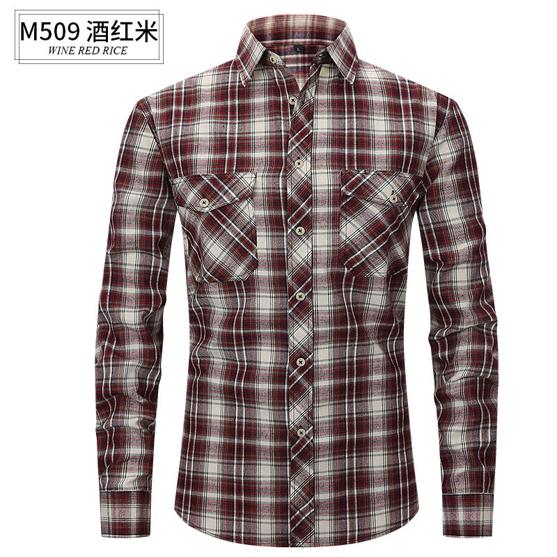 Men Slim Wear Plaid Premium Long Sleeve Double Pocket Flannel Foreign Trade Shirt | M501