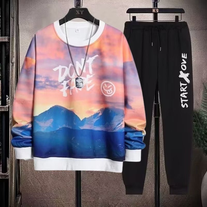 2-teiliges Sweat-Set für Herren, Hose, lässiger Pullover, T-Shirt, Oberbekleidung, locker, All-Match, Farbverlauf, langärmelig, Studentenoberteile | W93 