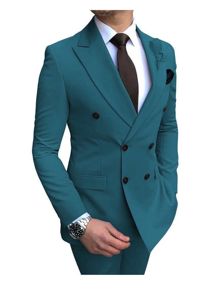 2-teiliger Herrenanzug, zweireihig, Revers, flach, Smart Fit, leger, Smoking, Hochzeits- und Eventanzüge (Blazer + Hose) | 9/7 