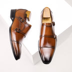 Men's Double Monk Strap Dress Shoes | Genuine Leather Business Oxfords with Height Boost | Square Toe Formal Footwear | HK5009-2