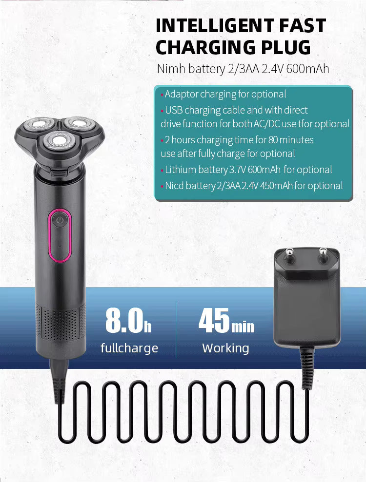 PRITECH IPX5 Wasserdichter, über USB wiederaufladbarer, kabelloser Elektrorasierer mit drei Klingen, tragbar und effizient | RSM-2888 