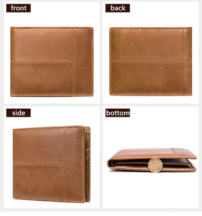 RFID Anti-Theft Leather Wallet Short Cowhide Bifold Design with Multi-Card Slots & Coin Pocket for Men | 8064