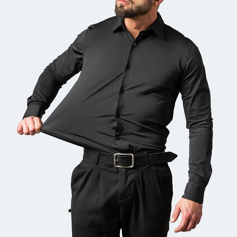 Herren Langarm Business Casual Stretchhemd Einfarbig Schlank Bügelfrei Stretch Hemden 
