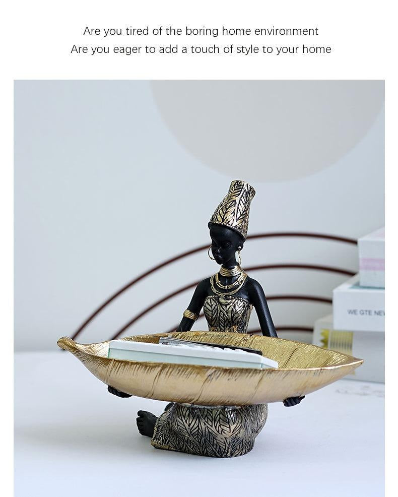 Afrikanischer schwarzer Obstteller, Ornament aus Kunstharz, Heimdekor mit Volkskunstmuster im thailändischen Stil, Schreibtisch-Aufbewahrungsdekoration | RRW040 