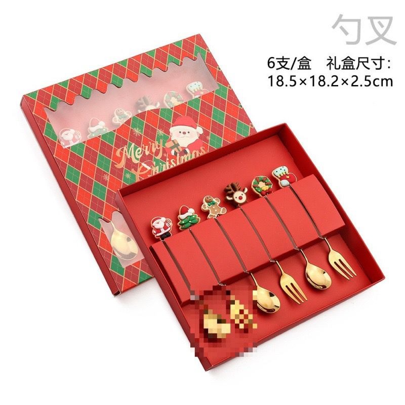 6Pcs Christmas Gifts Style Stainless Steel Doll Dessert Spoon Fork Gift Box Cutlery Set |