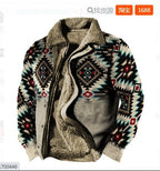 Herren-Fleece-Sherpa-Vintage-Jacke im Azteken-Stil, Übergröße, Reißverschluss und Knopfleiste, dicker taktischer Winter-Cargomantel mit Reverskragen 