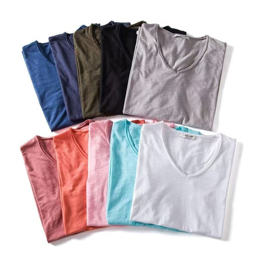 Herren T-Shirt mit tiefem V-Ausschnitt, 100 % Baumwolle, einfarbig, V-Kragen, hochwertiges Basic-T-Shirt | F037 